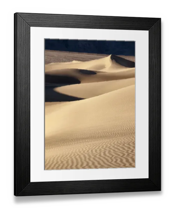 Framed Print : USA, California, Death Valley National Park, Morning sun hits Mesquite Flat Dunes