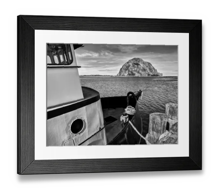Framed Print : USA, California, Morro Bay, Fishing boat pointing at Morro Rock