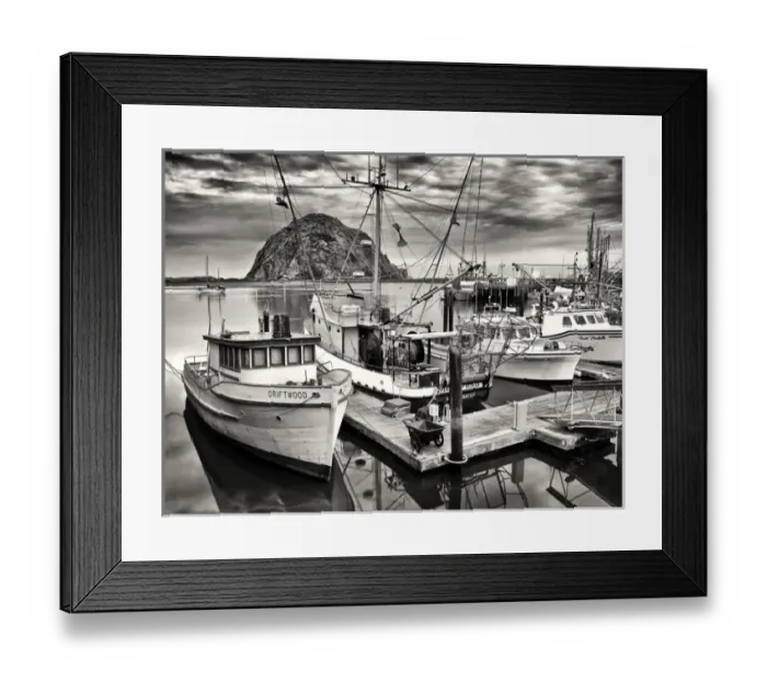 Framed Print : USA, California, Sepia-tinted fishing boats docked in Morro Bay at dawn