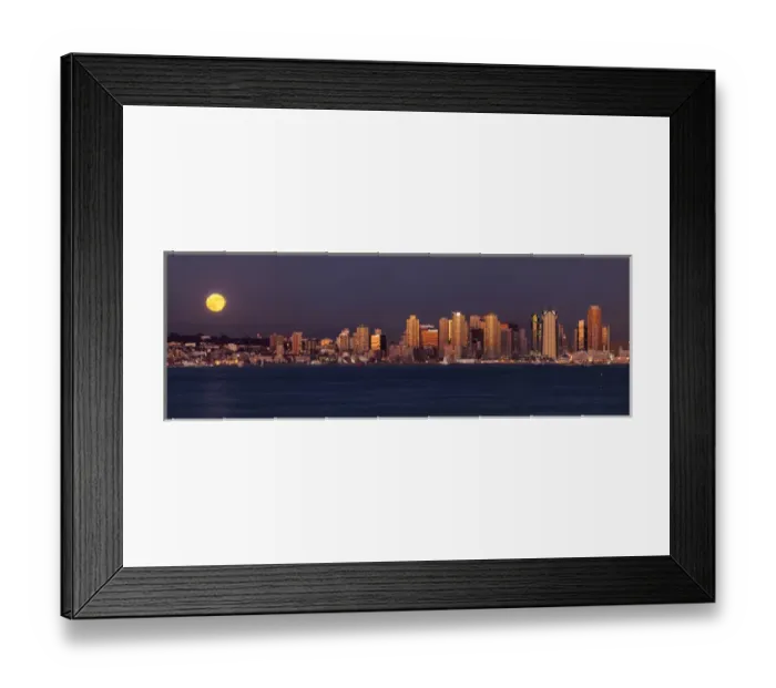 Framed Print : USA, California, San Diego, Panoramic view of full moon rising over city with sunset Framed Print : USA, California, San Diego, Panoramic view of full moon rising over city with sunset