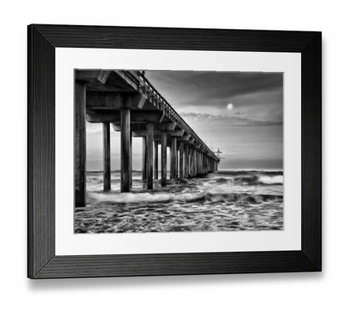 Framed Print : USA, California, La Jolla, Full moon setting at dawn over Scripps Pier, La Jolla Shores