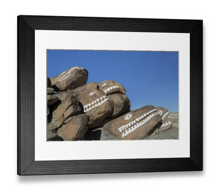 Framed Print : USA, California, Trona Pinnacles. Rocks painted with crocodile faces