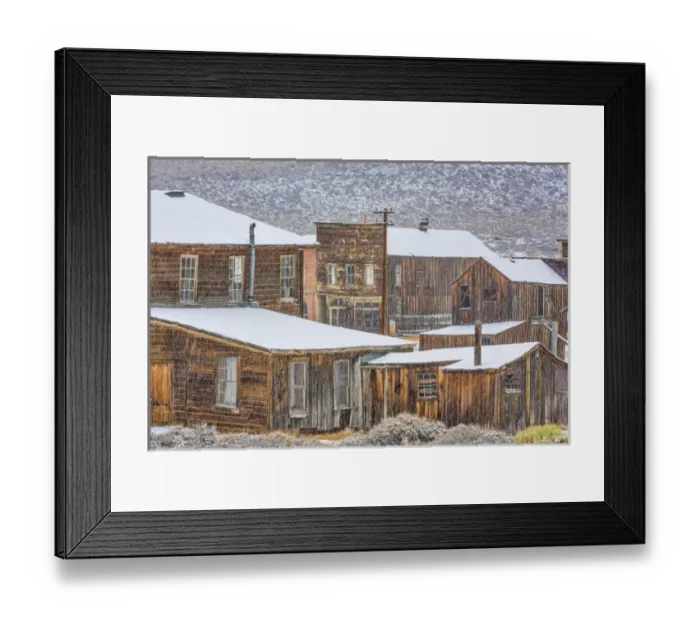 Framed Print : USA, California, Bodie. Abandoned buildings in snowfall Framed Print : USA, California, Bodie. Abandoned buildings in snowfall