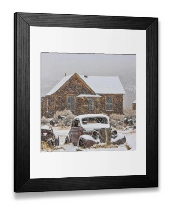 Framed Print : USA, California, Bodie. Abandoned car and building in snowfall Framed Print : USA, California, Bodie. Abandoned car and building in snowfall