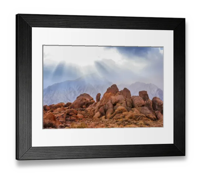 Framed Print : USA, California, Alabama Hills. Storm cloud God rays over Lone Pine Peak. Credit as Framed Print : USA, California, Alabama Hills. Storm cloud God rays over Lone Pine Peak. Credit as