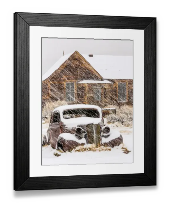 Framed Print : USA, California, Bodie. Abandoned car and building in snowfall