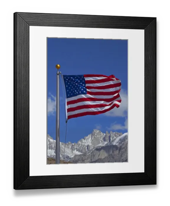 Framed Print : American flag and snow on Sierra Nevada Mountain Range, California, USA Framed Print : American flag and snow on Sierra Nevada Mountain Range, California, USA