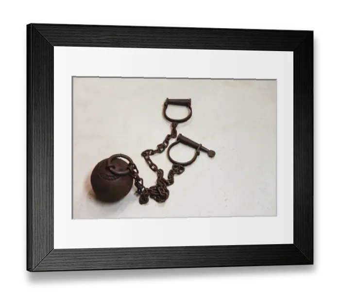 Framed Print : Close up of a ball and chain shackles, Oro Grande, California, United States, Route 66