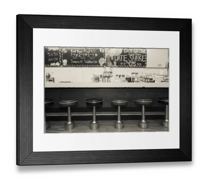 Framed Print : Black and white picture of diner interior, Palm Springs, California, USA Framed Print : Black and white picture of diner interior, Palm Springs, California, USA