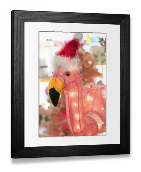 Framed Print : Antique pink flamenco with a santa hat, Palm Springs, California, USA