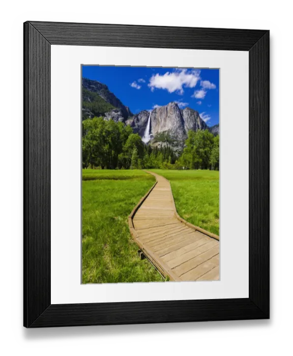 Framed Print : Boardwalk through meadow under Yosemite Falls, Yosemite National Park, California USA Framed Print : Boardwalk through meadow under Yosemite Falls, Yosemite National Park, California USA