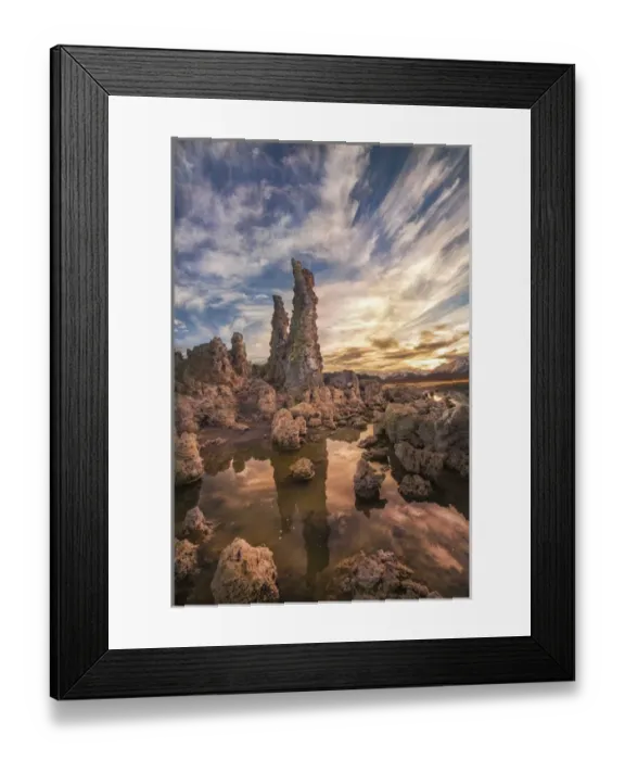 Framed Print : Tufas at sunset on Mono Lake with reflection and sunset colors, Eastern Sierra Nevada Mountains Framed Print : Tufas at sunset on Mono Lake with reflection and sunset colors, Eastern Sierra Nevada Mountains