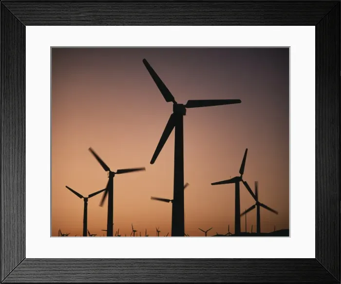 Framed Print : USA, California, Palm Springs, View of silhouetted wind turbines at sunset