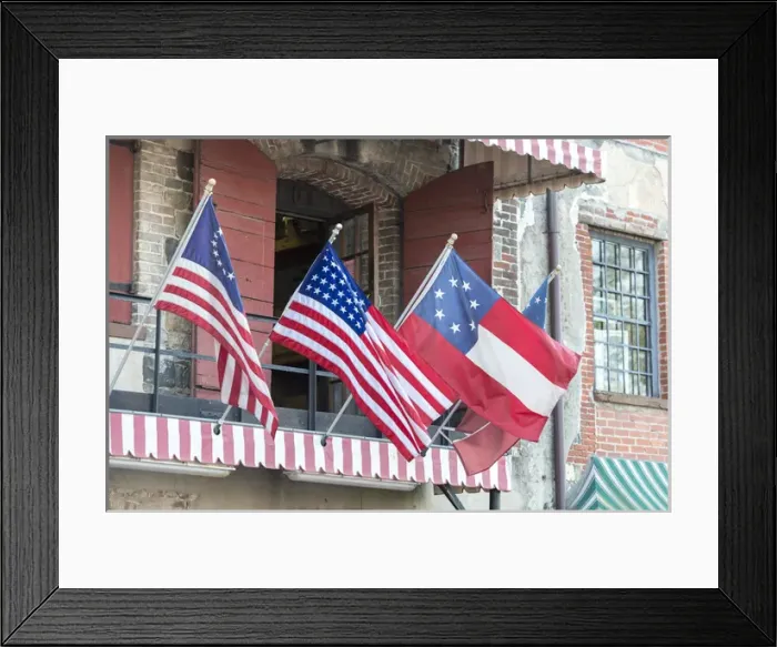 Framed Print : USA, Georgia, Savannah, River Street, flags Framed Print : USA, Georgia, Savannah, River Street, flags