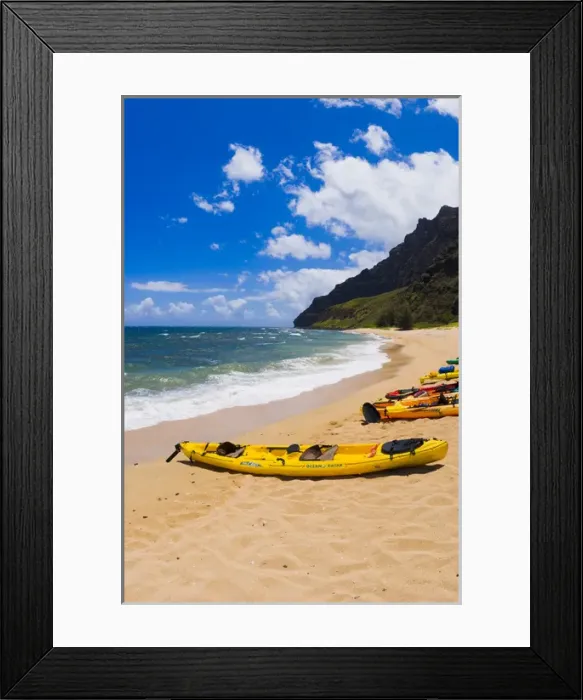 Framed Print : Sea kayaks on Miloli i Beach, Na Pali Coast, Island of Kauai, Hawaii USA