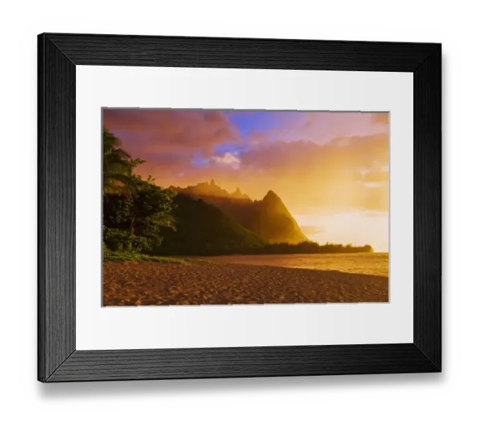 Framed Print : Evening light on Na Pali Coast spires from Tunnels Beach, Island of Kauai, Hawaii