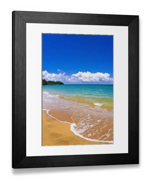 Framed Print : Empty beach and blue waters on Hanalei Bay, Island of Kauai, Hawaii