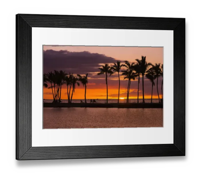 Framed Print : Sunset through silhouetted palms at Anaehoomalu Bay, Kohala Coast, The Big Island