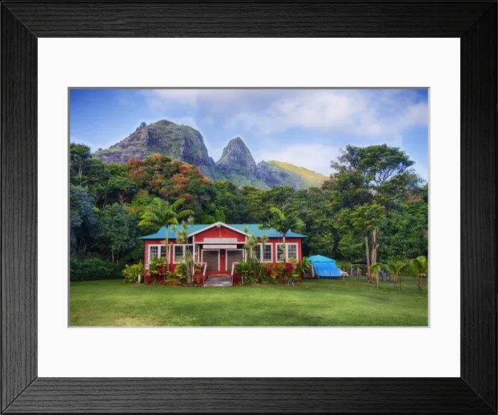 Framed Print : Hawian Islands; USA; Kauai; Anahola Baptist church with mountains behind the church