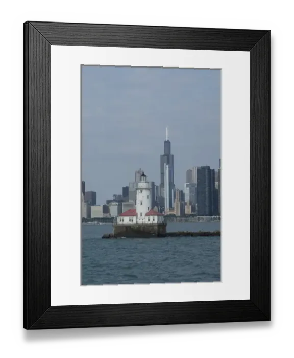 Framed Print : Illinois, Chicago, Lake Michigan. Historic Chicago Harbor Light with Chicago city skyline