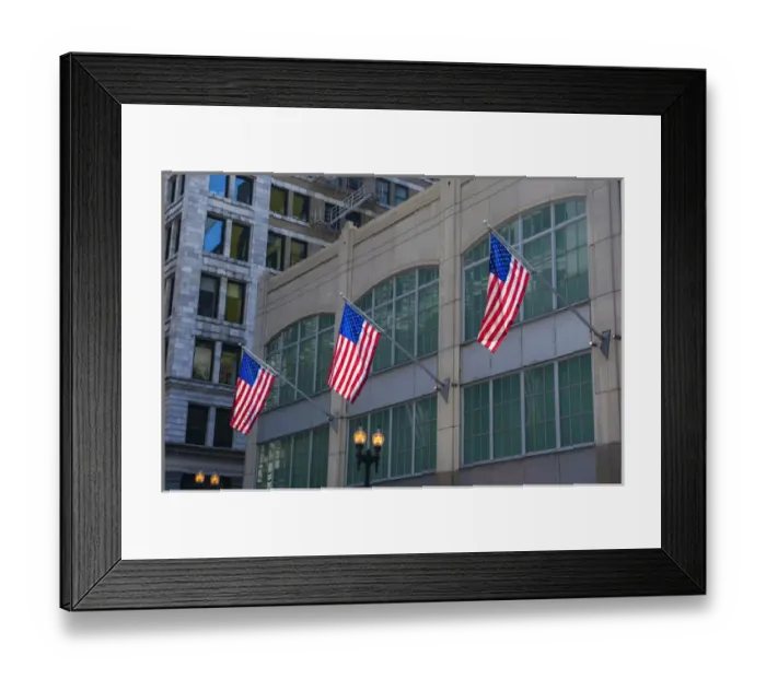 Framed Print : Flags hanging outside an office building in downtown, Chicago, Illinois, USA Framed Print : Flags hanging outside an office building in downtown, Chicago, Illinois, USA