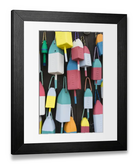 Framed Print : Bar Harbor Maine colorful buoys on wall for sale and state specialty souvenirs for Framed Print : Bar Harbor Maine colorful buoys on wall for sale and state specialty souvenirs for