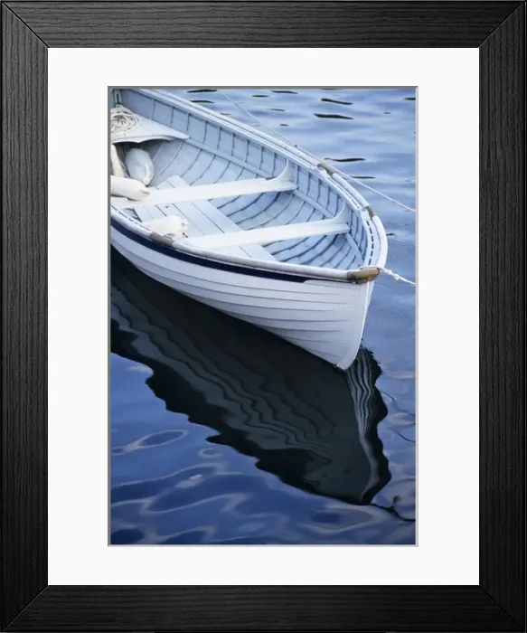Framed Print : USA, Maine, Rockport, Dinghy moored at dock Framed Print : USA, Maine, Rockport, Dinghy moored at dock