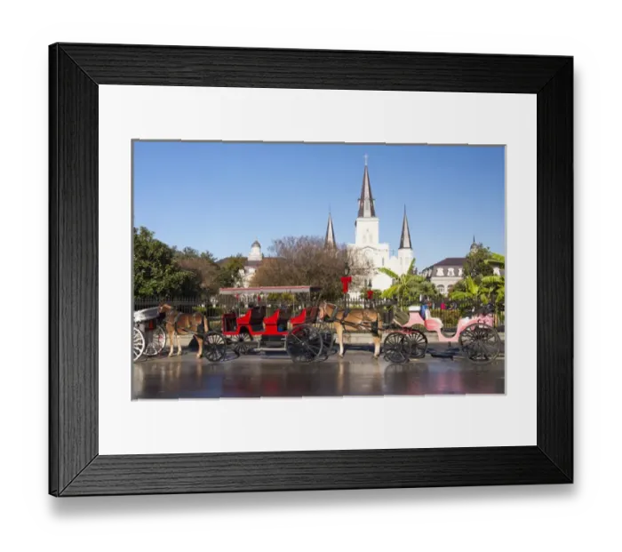 Framed Print : US, LA, New Orleans. Jackson Square carriage rides line up in morning