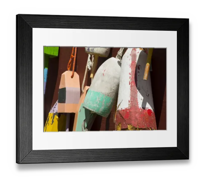 Framed Print : Maine, Bar Harbor. Colorful lobster trap buoys hanging on wall Framed Print : Maine, Bar Harbor. Colorful lobster trap buoys hanging on wall