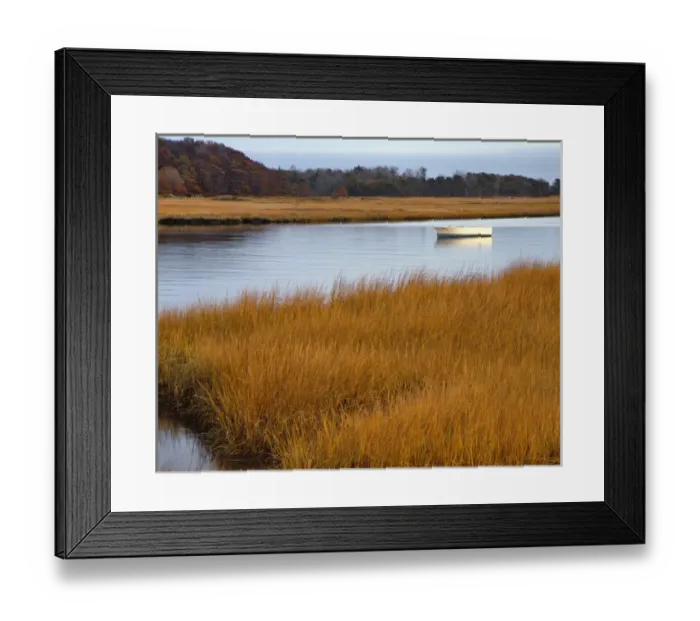 Framed Print : USA, Maine. Boat anchored in Mousam River