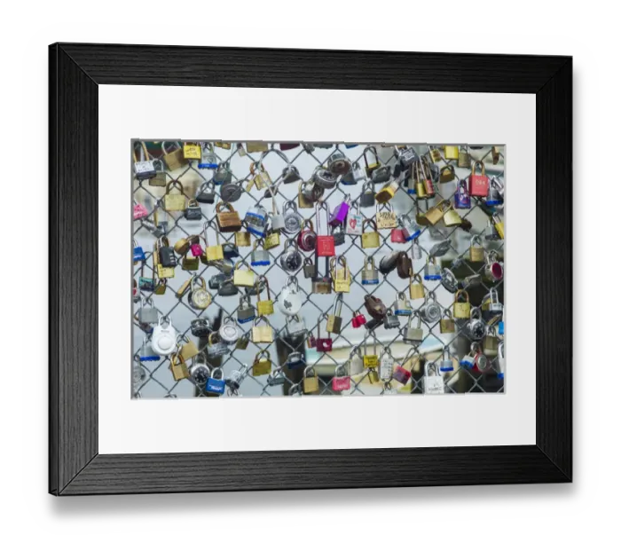 Framed Print : USA, Maine, Portland, Portland waterfront, love locks on fence Framed Print : USA, Maine, Portland, Portland waterfront, love locks on fence