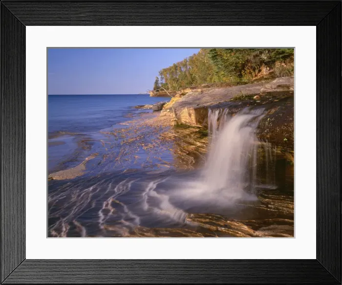 Framed Print : USA, Michigan, Pictured Rocks National Lakeshore, Small waterfall courses across Framed Print : USA, Michigan, Pictured Rocks National Lakeshore, Small waterfall courses across