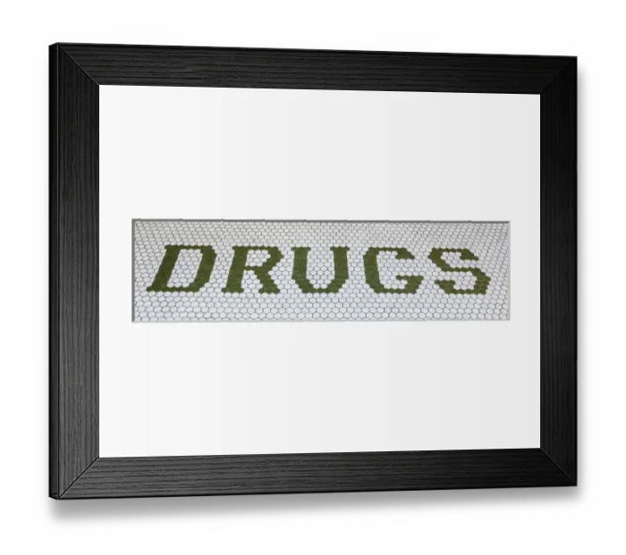 Framed Print : USA, Montana, Missoula. Sign on floor of vintage drug store