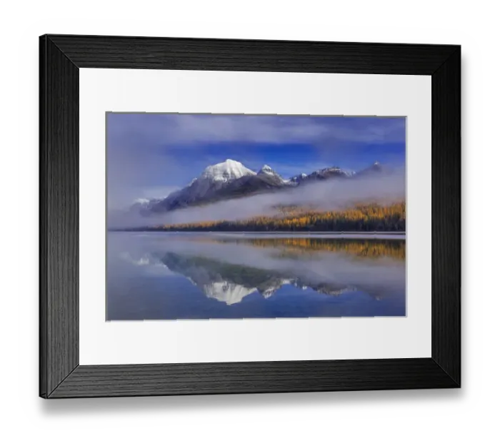 Framed Print : Fog lifts from Rainbow Peak and Bowman Lake in autumn in Glacier National Park, Montana Framed Print : Fog lifts from Rainbow Peak and Bowman Lake in autumn in Glacier National Park, Montana