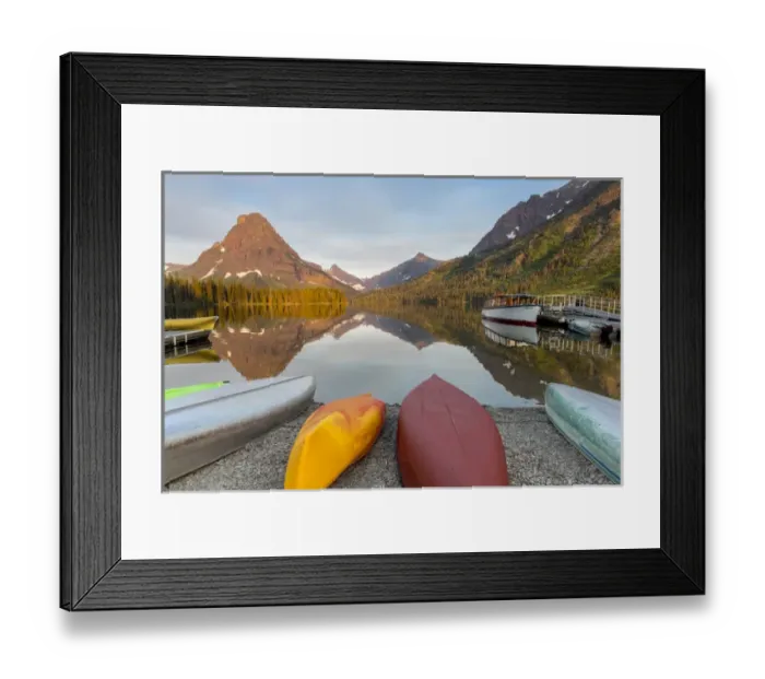 Framed Print : Boats on calm morning at Two Medicine Lake in Glacier National Park, Montana, USA