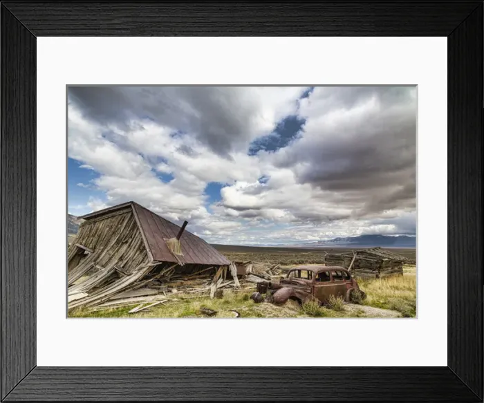 Framed Print : USA, Nevada, Cherry Creek. Collapsed building and rusted vintage car Framed Print : USA, Nevada, Cherry Creek. Collapsed building and rusted vintage car