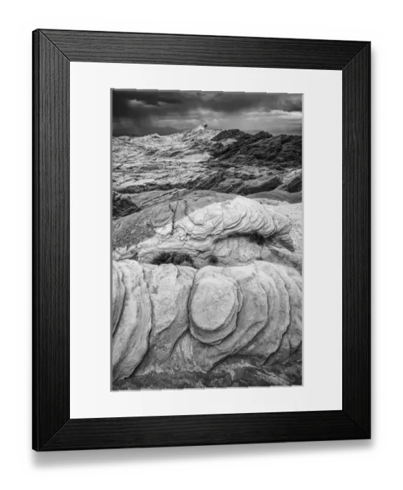 Framed Print : North America, USA, Nevada. Fire Valley Overlook with approaching storm, Black and white image Framed Print : North America, USA, Nevada. Fire Valley Overlook with approaching storm, Black and white image