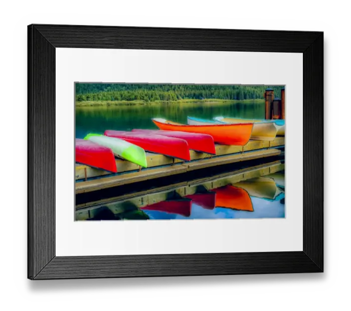 Framed Print : USA, Montana, Glacier National Park. Canoes on Swiftcurrent Lake at the Many Glacier