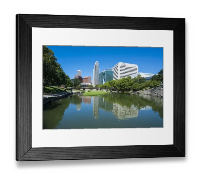 Framed Print : City park lagoon with downtown Omaha, Nebraska, USA