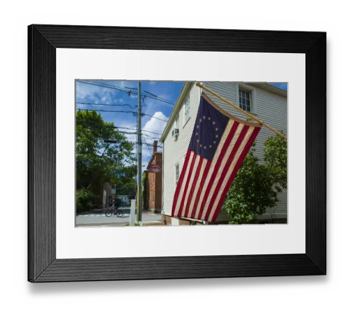 Framed Print : USA, New Hampshire, Portsmouth, Strawberry Banke Historic Area, building with US flag Framed Print : USA, New Hampshire, Portsmouth, Strawberry Banke Historic Area, building with US flag