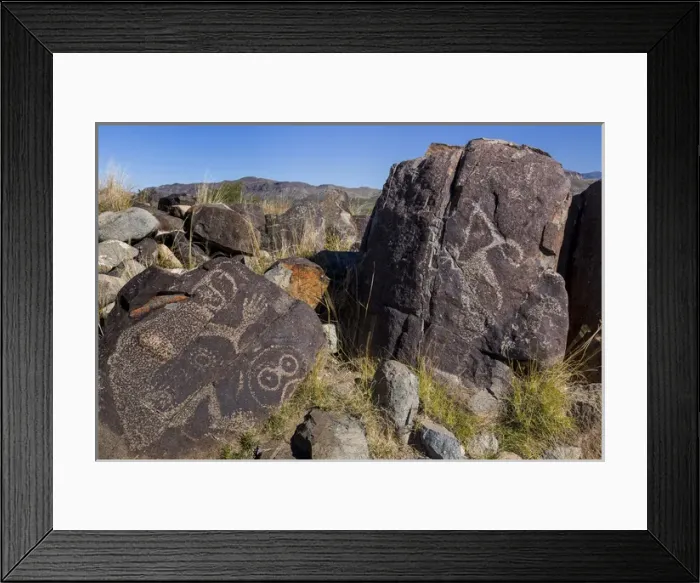 Framed Print : USA, New Mexico, Three Rivers Petroglyph Site. Petroglyph etchings on rocks. Credit as