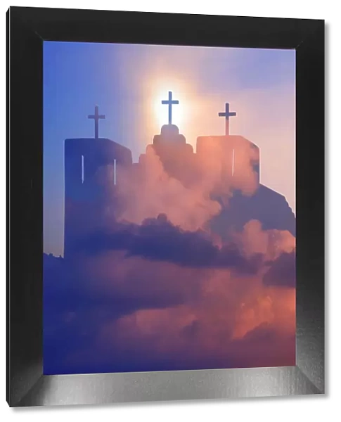 USA, New Mexico, Taos. Composite of church and clouds