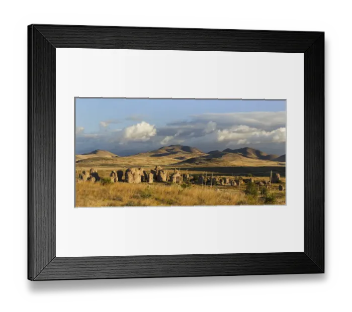 Framed Print : USA, New Mexico, City of Rocks State Park. Landscape of boulders and mountains. Credit as Framed Print : USA, New Mexico, City of Rocks State Park. Landscape of boulders and mountains. Credit as