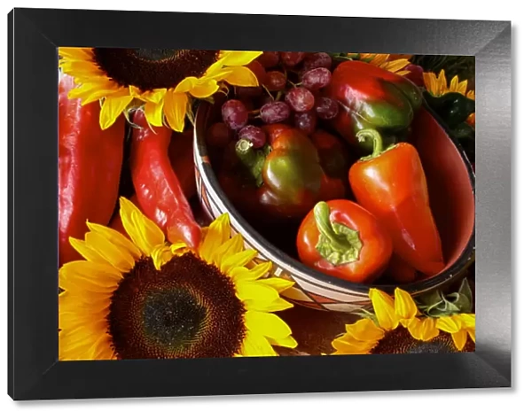 Santa Fe, New Mexico, United States. Display of red peppers and sunflowers