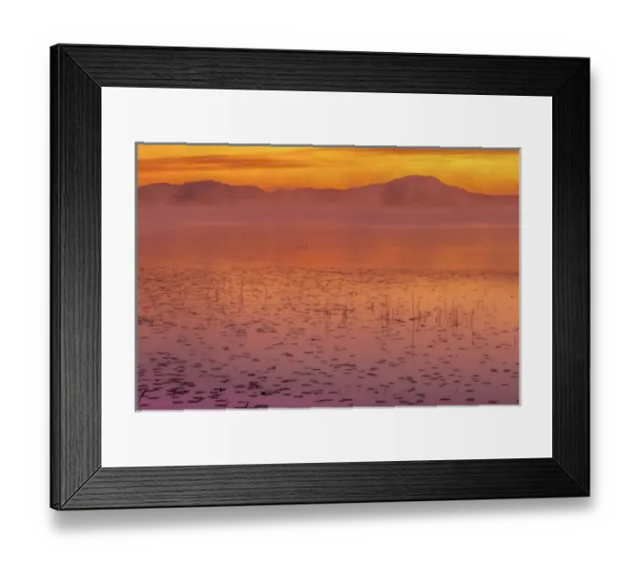 Framed Print : USA, New York, Adirondack Mountains. Morning mist on Raquette Lake