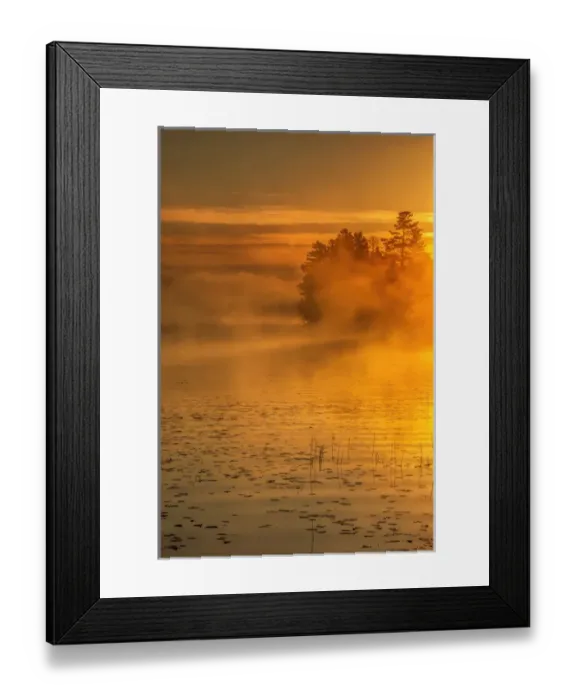 Framed Print : USA, New York, Adirondack Mountains. Morning mist on Raquette Lake
