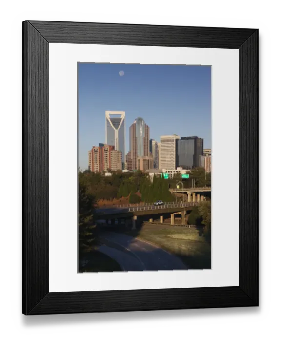 Framed Print : USA, North Carolina, Charlotte, elevated view of the city skyline from Route 74, morning Framed Print : USA, North Carolina, Charlotte, elevated view of the city skyline from Route 74, morning