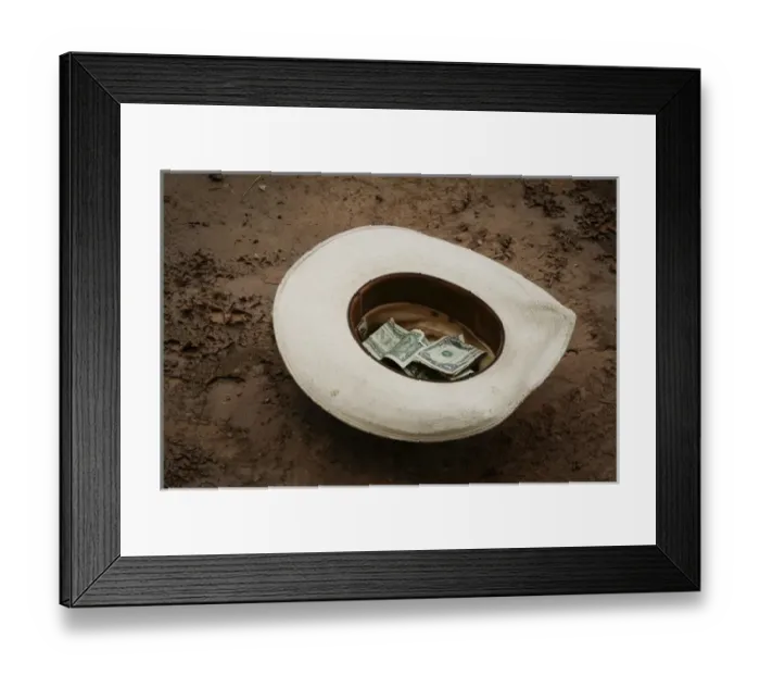 Framed Print : Santa Fe, New Mexico, United States. Cowboy hat with donations Framed Print : Santa Fe, New Mexico, United States. Cowboy hat with donations