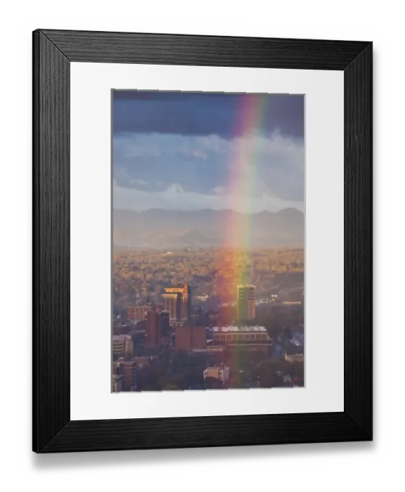 Framed Print : USA, North Carolina, Asheville, elevated city skyline with rainbows, dawn Framed Print : USA, North Carolina, Asheville, elevated city skyline with rainbows, dawn