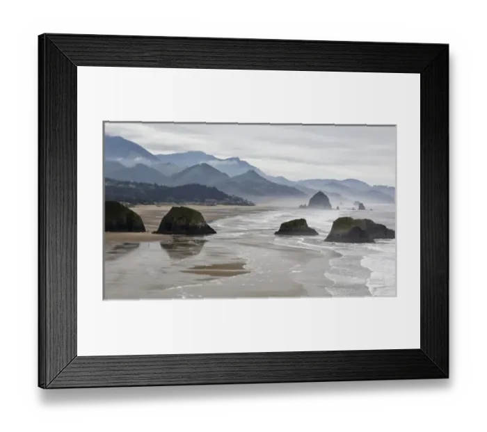 Framed Print : USA, Oregon, Cannon Beach. Fog rises over coastline at low tide Framed Print : USA, Oregon, Cannon Beach. Fog rises over coastline at low tide